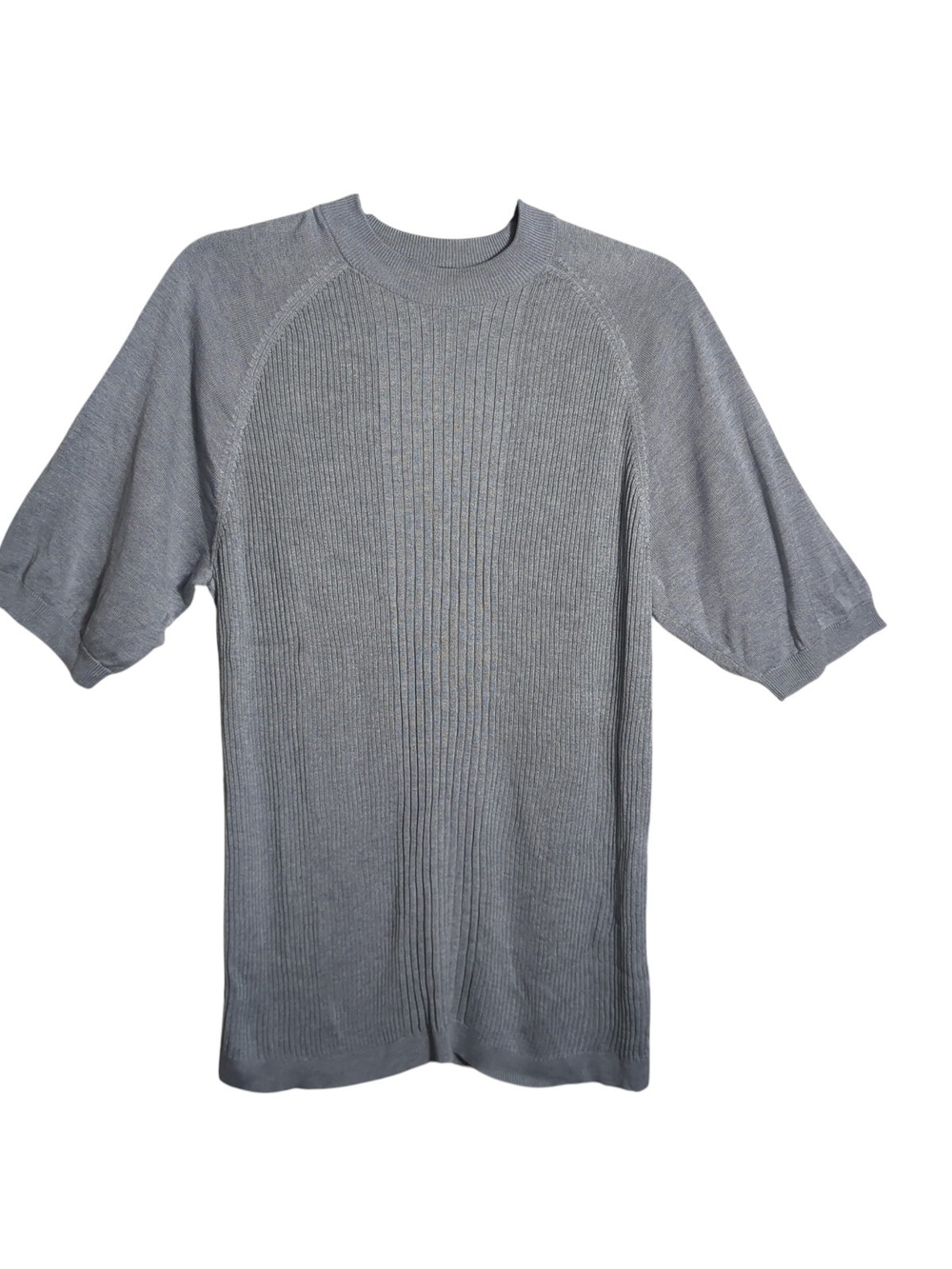MURANO 100% Silk Ribbed Knit Sweater Top | Size L | Gray | Short Sleeve Preppy